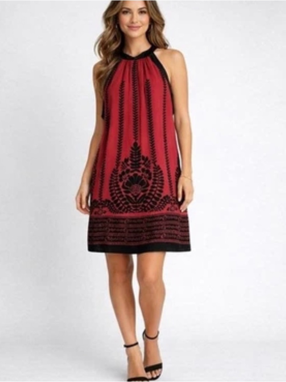 Studio M Red and Black Sleeveless Velvet-Print Dress SZ S